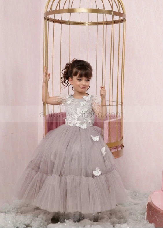 Gray Tulle Butterfly Long Flower Girl Dress